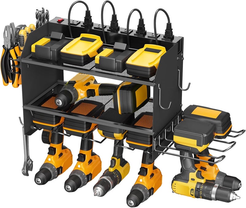 CCCEI Modular Power Tool Organizer Wall Mount Charging Station, Black 6 Drills Holder with 8 Plug Power Strip, Garage Drill Battery Heavy Duty Metal Shelf, Utility Rack with Hooks, Side Storage. - Image 1